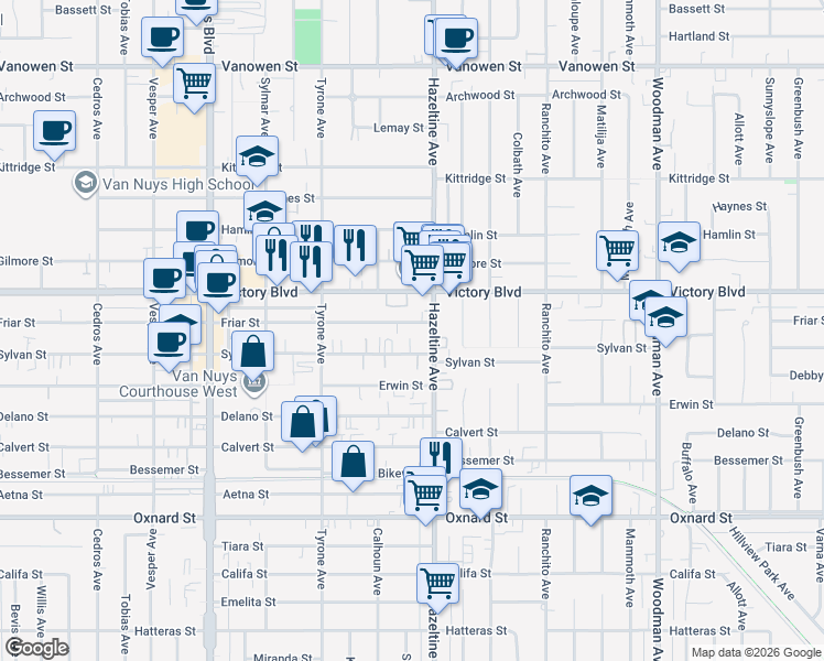 map of restaurants, bars, coffee shops, grocery stores, and more near 14122 Friar Street in Los Angeles