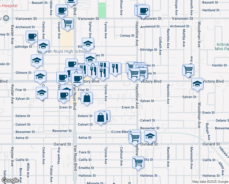 map of restaurants, bars, coffee shops, grocery stores, and more near 14225 Sylvan Street in Los Angeles