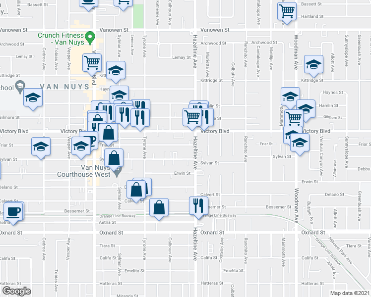 map of restaurants, bars, coffee shops, grocery stores, and more near 14122 Friar Street in Los Angeles