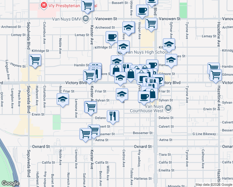 map of restaurants, bars, coffee shops, grocery stores, and more near 14728 Friar Street in Los Angeles