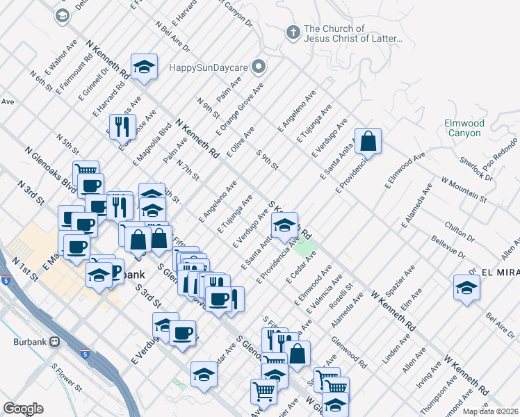 map of restaurants, bars, coffee shops, grocery stores, and more near 722 East Verdugo Avenue in Burbank