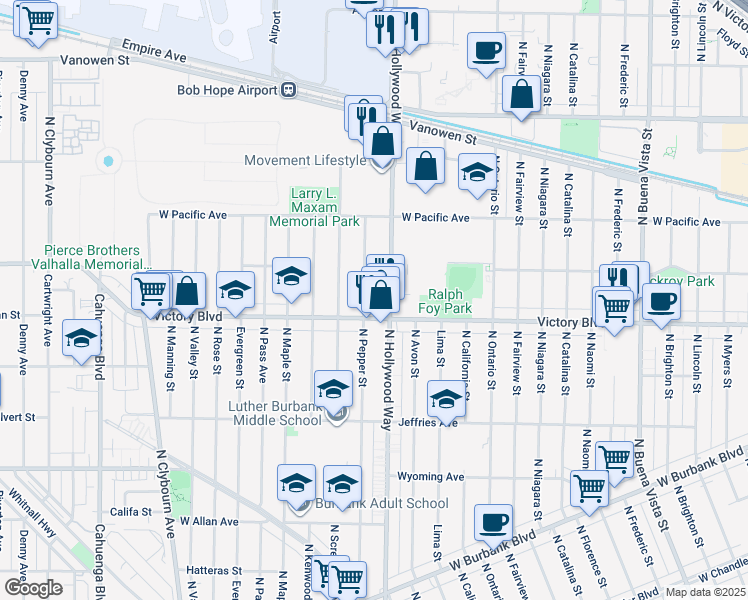 map of restaurants, bars, coffee shops, grocery stores, and more near 3525 West Victory Boulevard in Burbank