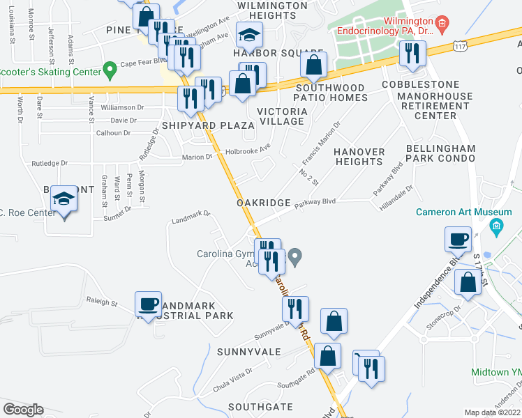 map of restaurants, bars, coffee shops, grocery stores, and more near 580 Nina Place in Wilmington