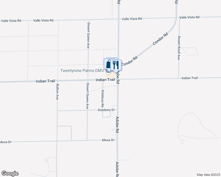 map of restaurants, bars, coffee shops, grocery stores, and more near Adobe Road in Twentynine Palms