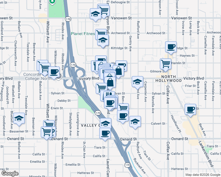 map of restaurants, bars, coffee shops, grocery stores, and more near 6320 Laurel Canyon Boulevard in Los Angeles