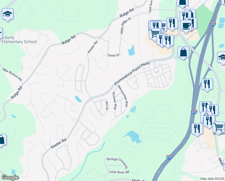 map of restaurants, bars, coffee shops, grocery stores, and more near 210 Oconee Way in Canton