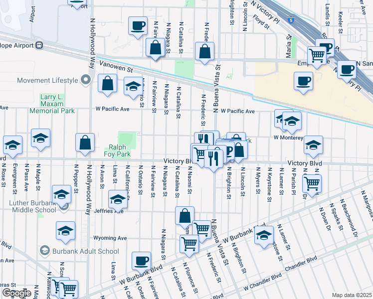 map of restaurants, bars, coffee shops, grocery stores, and more near 2711 West Victory Boulevard in Burbank