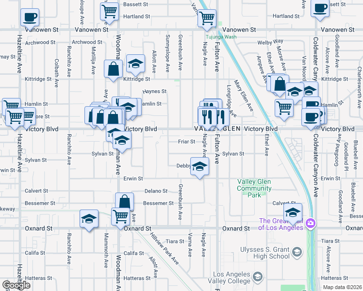 map of restaurants, bars, coffee shops, grocery stores, and more near 13428 Friar Street in Los Angeles
