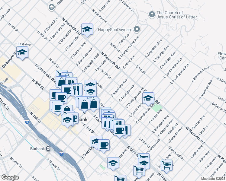 map of restaurants, bars, coffee shops, grocery stores, and more near 617 East Angeleno Avenue in Burbank