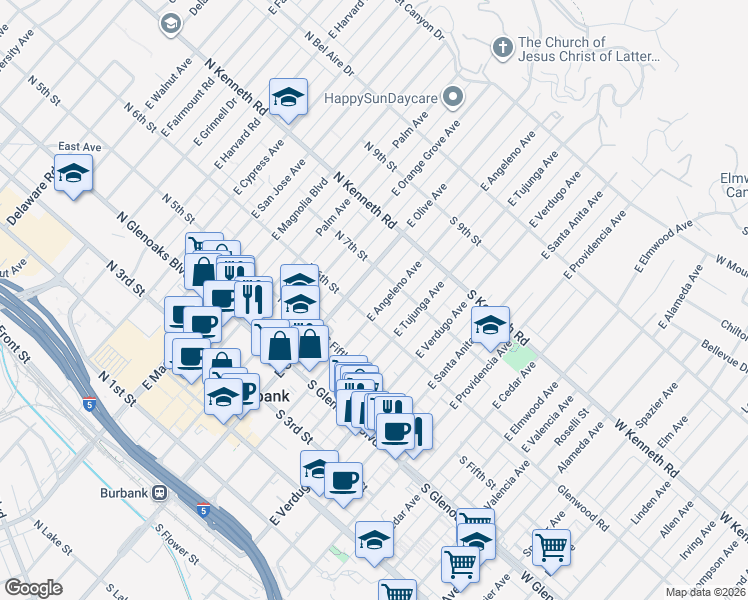 map of restaurants, bars, coffee shops, grocery stores, and more near 617 East Angeleno Avenue in Burbank