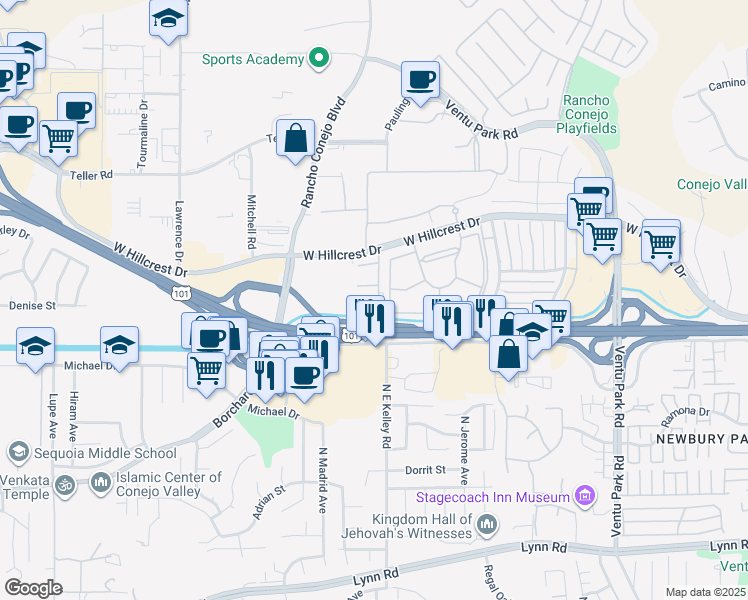 map of restaurants, bars, coffee shops, grocery stores, and more near 1993 Wheelwright Lane in Thousand Oaks