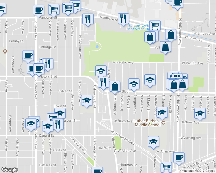 map of restaurants, bars, coffee shops, grocery stores, and more near 2109 North Dymond Street in Burbank