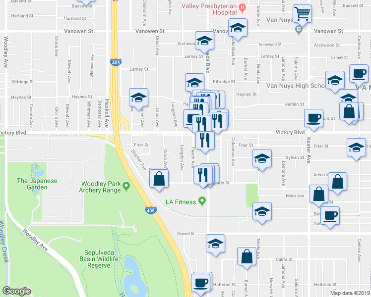 map of restaurants, bars, coffee shops, grocery stores, and more near 6324 Langdon Avenue in Los Angeles