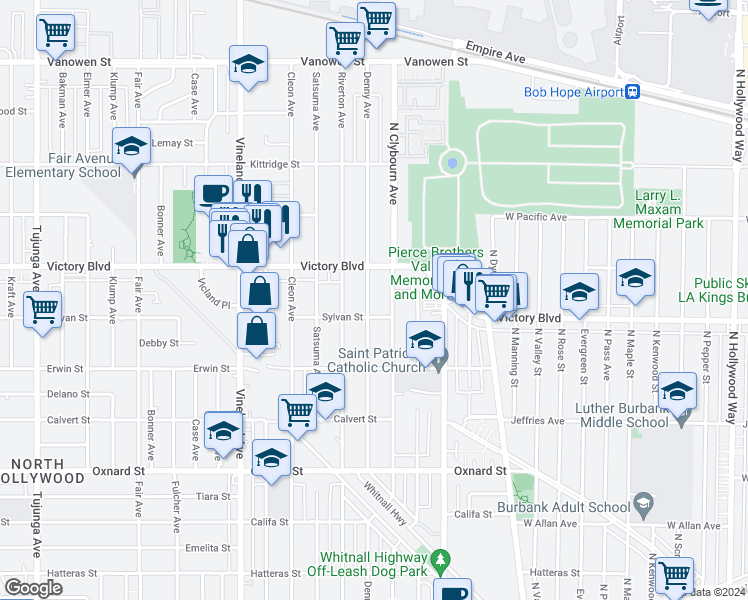 map of restaurants, bars, coffee shops, grocery stores, and more near 6318 Denny Avenue in Los Angeles