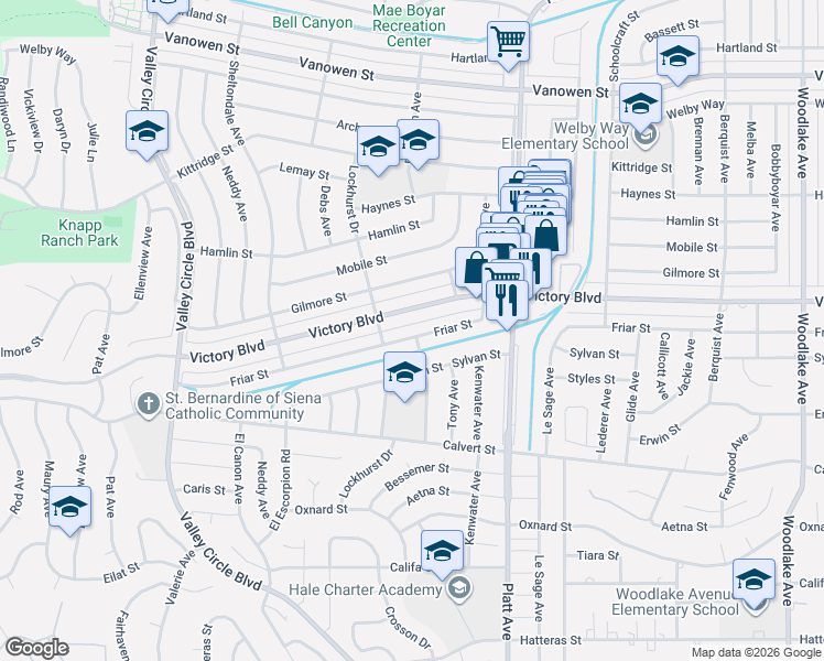 map of restaurants, bars, coffee shops, grocery stores, and more near 23906 Friar Street in Los Angeles