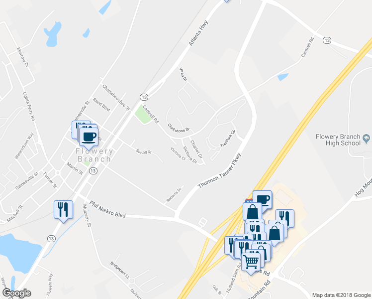 map of restaurants, bars, coffee shops, grocery stores, and more near 4768 Victoria Drive in Flowery Branch