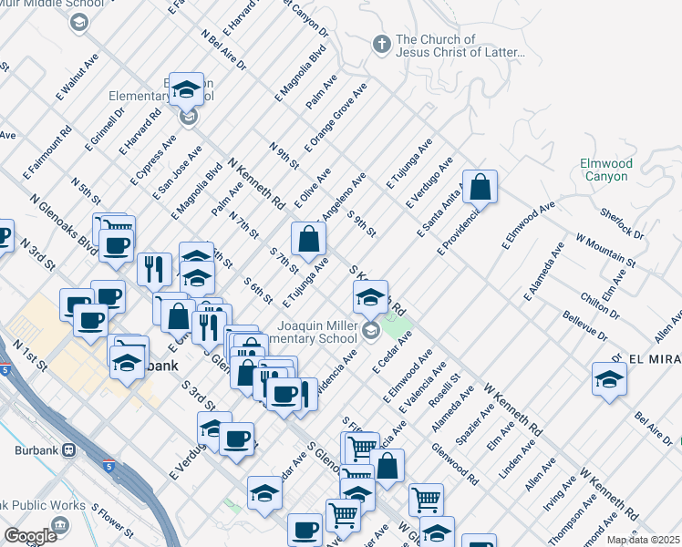 map of restaurants, bars, coffee shops, grocery stores, and more near 722 East Verdugo Avenue in Burbank