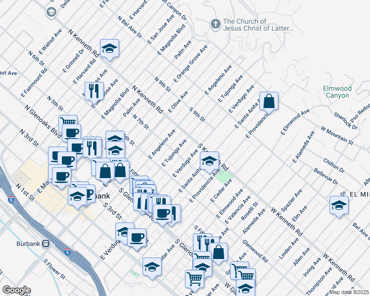 map of restaurants, bars, coffee shops, grocery stores, and more near 722 East Verdugo Avenue in Burbank