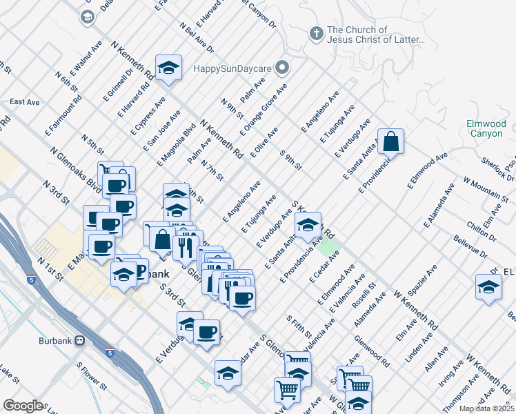 map of restaurants, bars, coffee shops, grocery stores, and more near 638 East Tujunga Avenue in Burbank