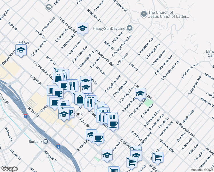 map of restaurants, bars, coffee shops, grocery stores, and more near 614 East Angeleno Avenue in Burbank
