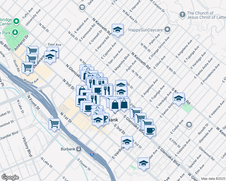 map of restaurants, bars, coffee shops, grocery stores, and more near 475 East Orange Grove Avenue in Burbank