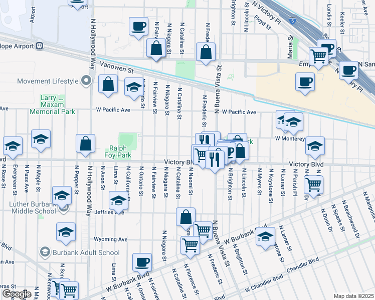 map of restaurants, bars, coffee shops, grocery stores, and more near 2711 West Victory Boulevard in Burbank