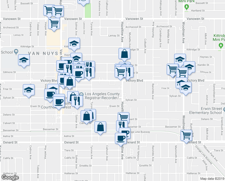 map of restaurants, bars, coffee shops, grocery stores, and more near 14143 Sylvan Street in Los Angeles