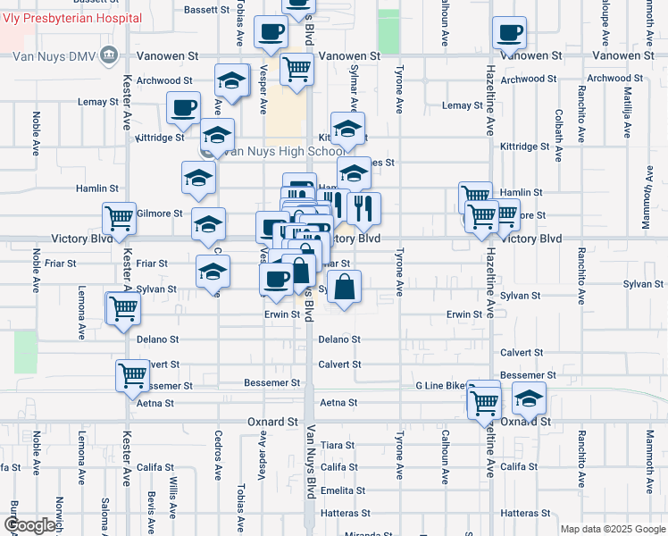 map of restaurants, bars, coffee shops, grocery stores, and more near 14431 Sylvan Street in Los Angeles