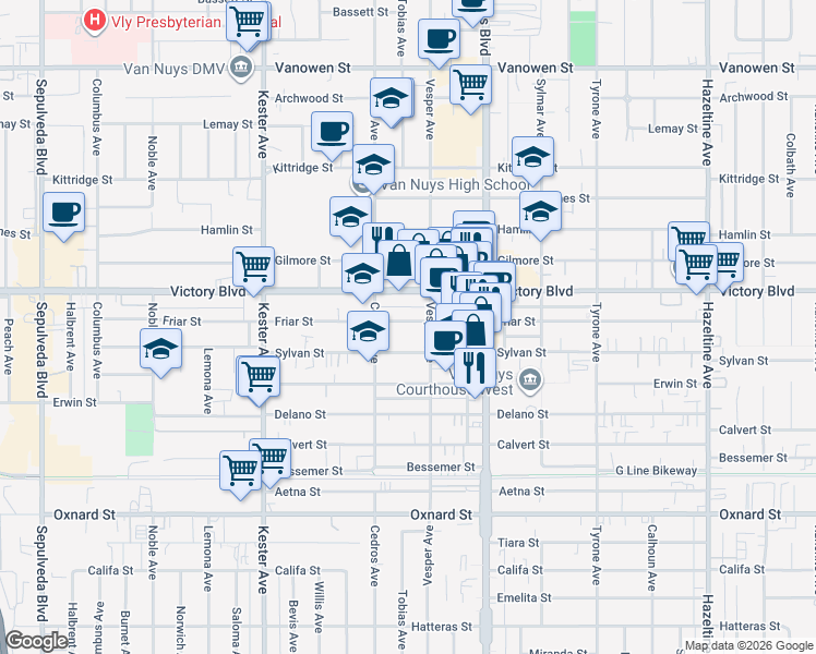 map of restaurants, bars, coffee shops, grocery stores, and more near 14633 Sylvan Street in Los Angeles