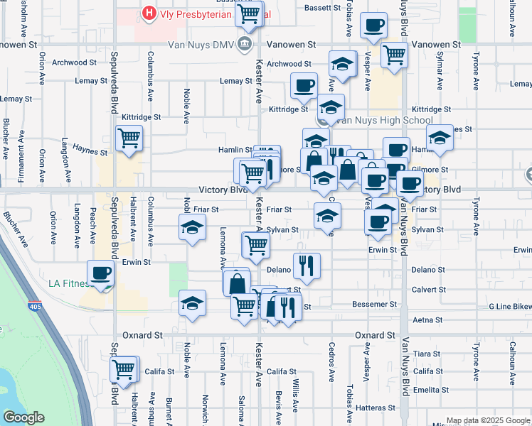 map of restaurants, bars, coffee shops, grocery stores, and more near 14829 Sylvan Street in Los Angeles