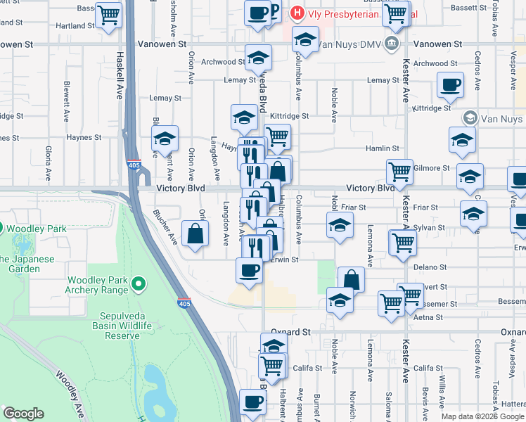 map of restaurants, bars, coffee shops, grocery stores, and more near 6300 Sepulveda Boulevard in Los Angeles