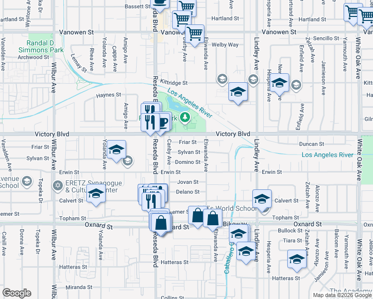 map of restaurants, bars, coffee shops, grocery stores, and more near 18336 Sylvan Street in Los Angeles