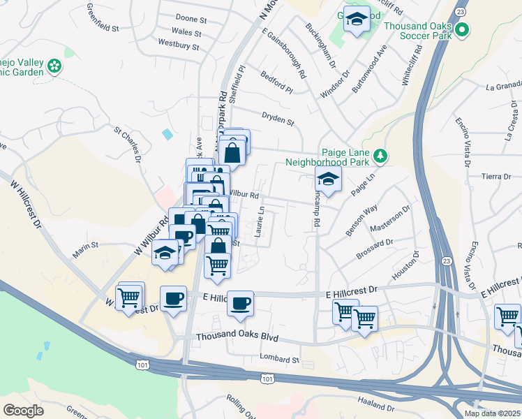map of restaurants, bars, coffee shops, grocery stores, and more near 580 Laurie Lane in Thousand Oaks