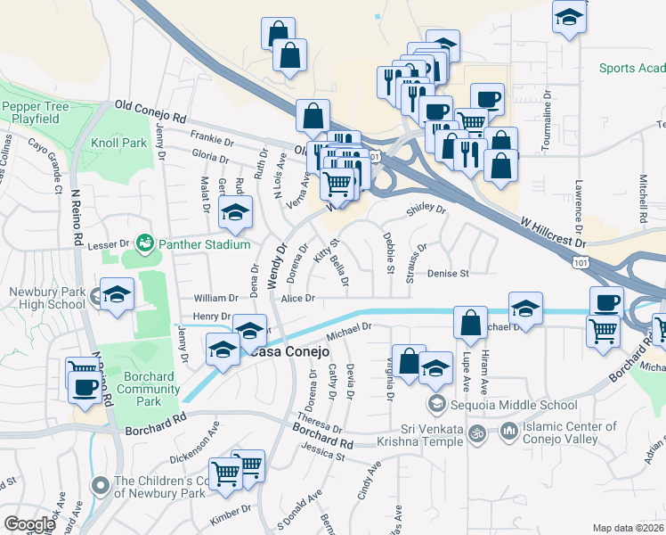 map of restaurants, bars, coffee shops, grocery stores, and more near 3124 Lynn Court in Ventura County