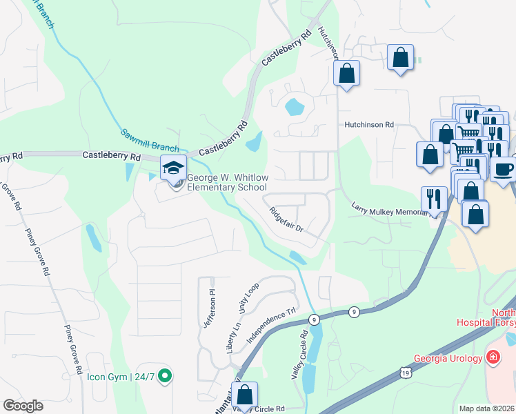 map of restaurants, bars, coffee shops, grocery stores, and more near 3325 Ridgefair Drive in Cumming