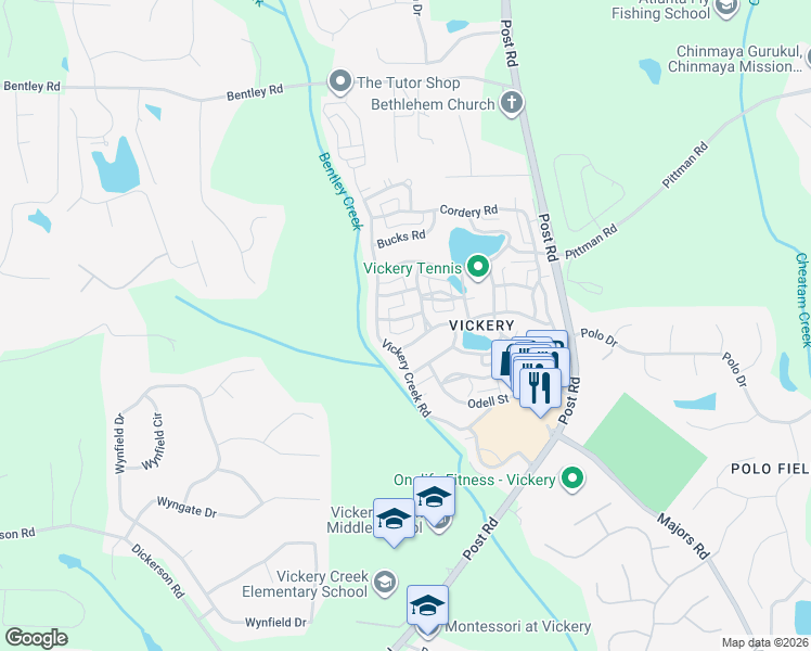 map of restaurants, bars, coffee shops, grocery stores, and more near 6420 Vickery Creek Road in Cumming