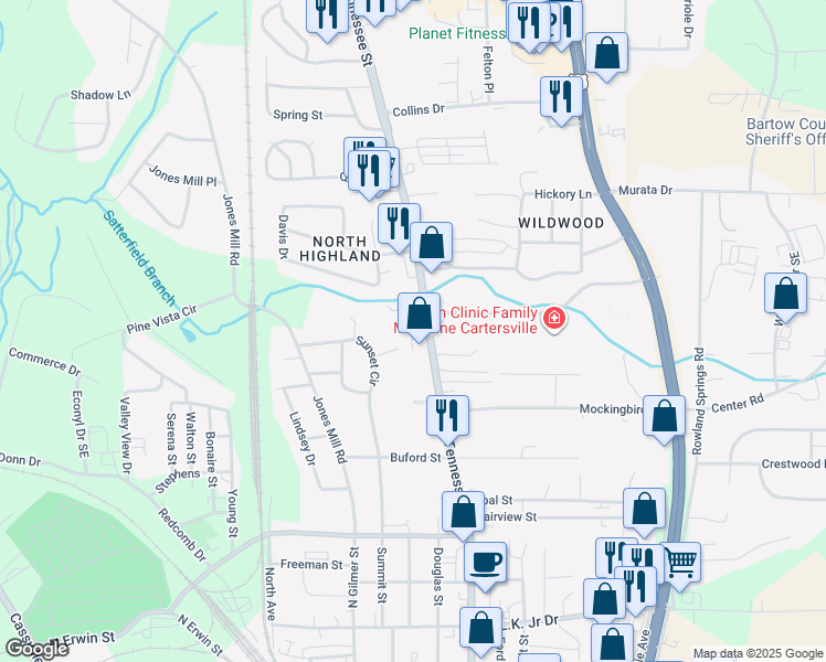 map of restaurants, bars, coffee shops, grocery stores, and more near 912 North Tennessee Street in Cartersville