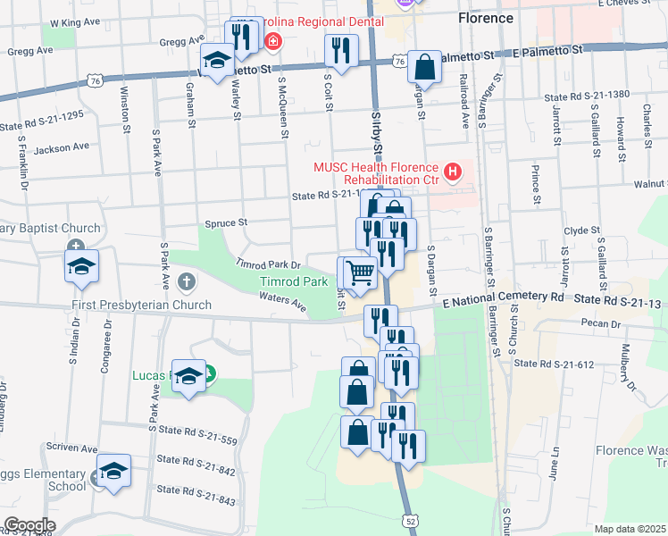 map of restaurants, bars, coffee shops, grocery stores, and more near 301 Timrod Park Drive in Florence