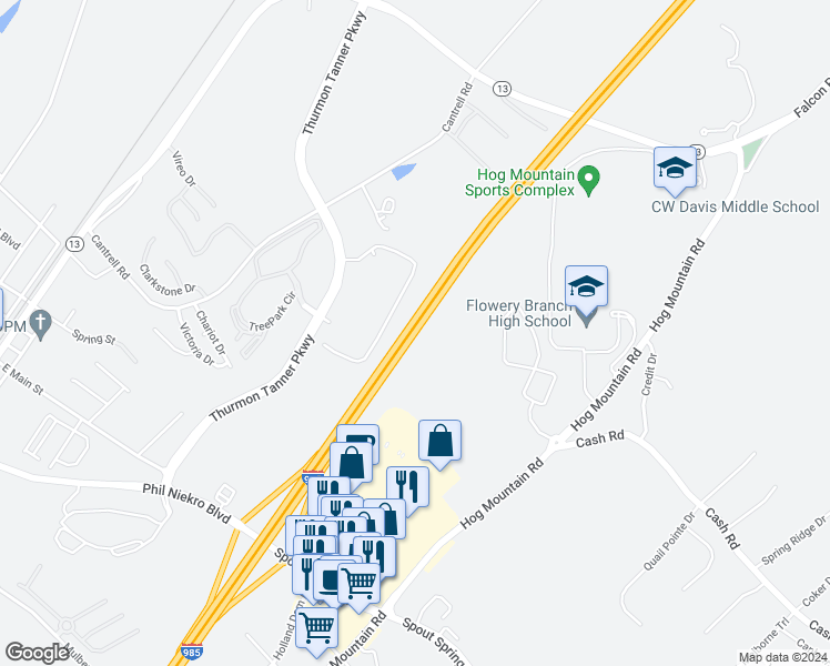 map of restaurants, bars, coffee shops, grocery stores, and more near Gainesville Con in Flowery Branch