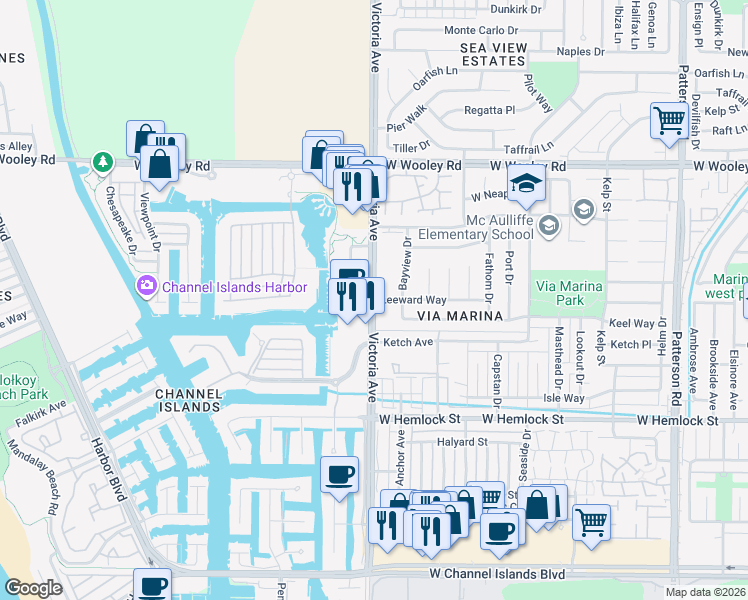 map of restaurants, bars, coffee shops, grocery stores, and more near Victoria Ave & Leeward Way in Oxnard