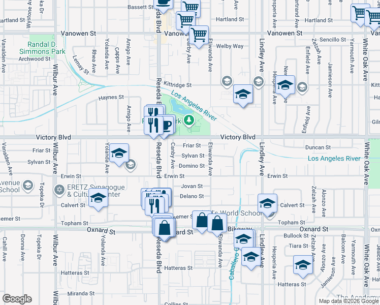 map of restaurants, bars, coffee shops, grocery stores, and more near 18336 Sylvan Street in Los Angeles