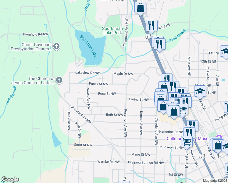 map of restaurants, bars, coffee shops, grocery stores, and more near 1512 Rose Street Northwest in Cullman
