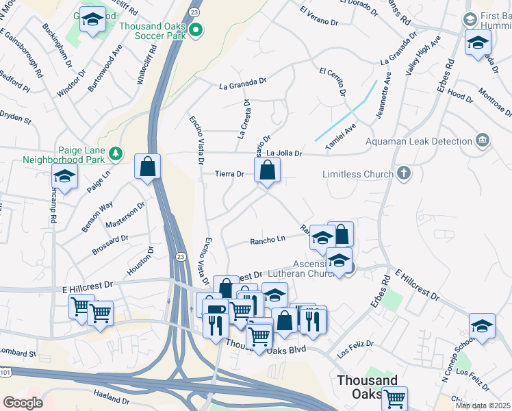 map of restaurants, bars, coffee shops, grocery stores, and more near 566 Rancho Road in Thousand Oaks