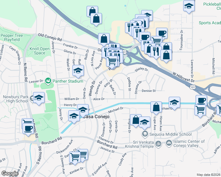 map of restaurants, bars, coffee shops, grocery stores, and more near 3124 Lynn Court in Ventura County