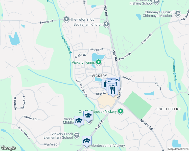 map of restaurants, bars, coffee shops, grocery stores, and more near 6845 Pond Road in Cumming