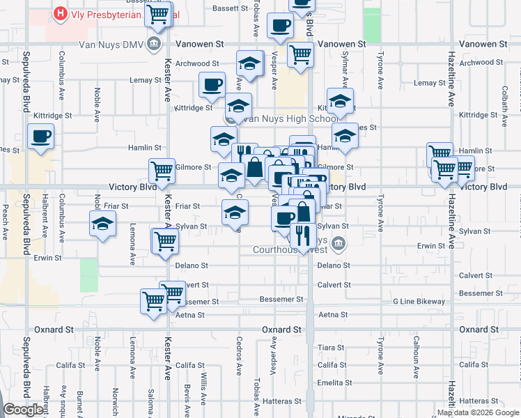 map of restaurants, bars, coffee shops, grocery stores, and more near 14633 Sylvan Street in Los Angeles