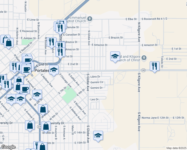 map of restaurants, bars, coffee shops, grocery stores, and more near 1113 Libra Drive in Portales