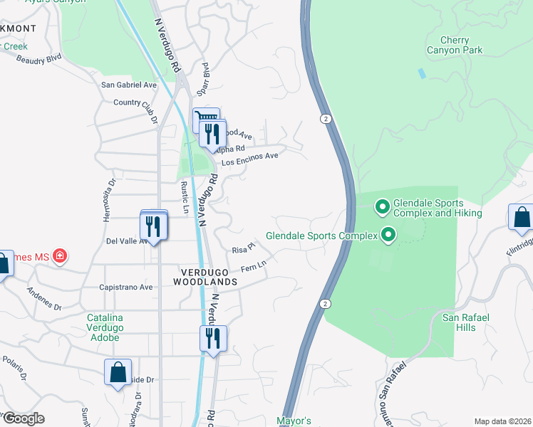 map of restaurants, bars, coffee shops, grocery stores, and more near 1920 Florena Court in Glendale