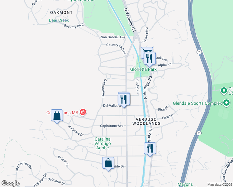 map of restaurants, bars, coffee shops, grocery stores, and more near 1648 Don Carlos Avenue in Glendale