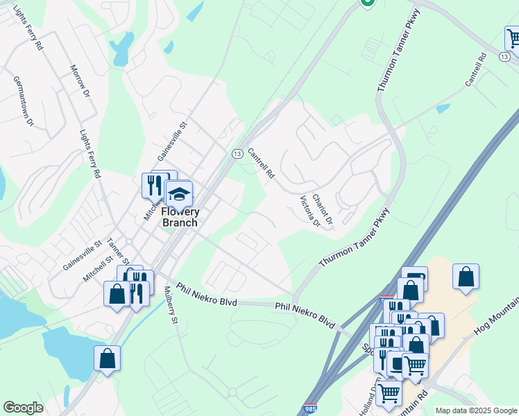 map of restaurants, bars, coffee shops, grocery stores, and more near 5145 Spring Street in Flowery Branch